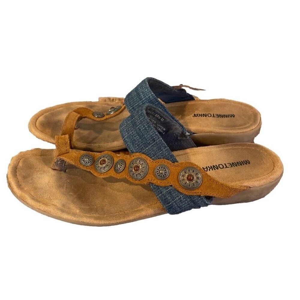 Minnetonka Sasha Embellished Slip On Toe Ring Slide Sandal Women 12 Blue Brown